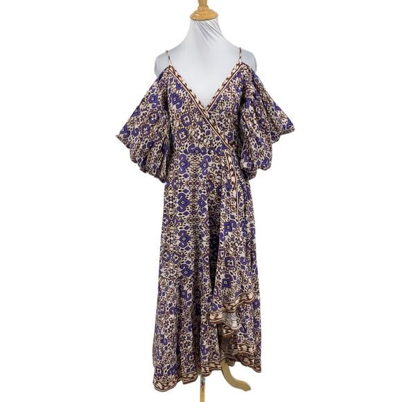Zimmermann Dress Womens 2 Multi Cotton Wylie Wrap Draped Sleeves Waist Tie Midi